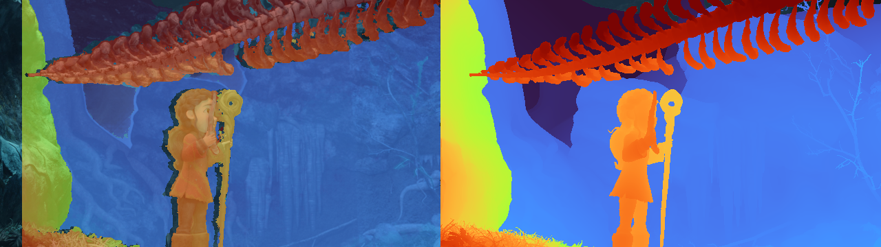 Stereo disparity coloured with sv.DepthAnnotator: a matcher's output over the frame, holes unpainted, and the ground truth alone